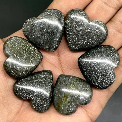 6 Pcs Natural Black Sunstone 25-26mm Sparkling Heart Shape Cabochon Gemstone Lot