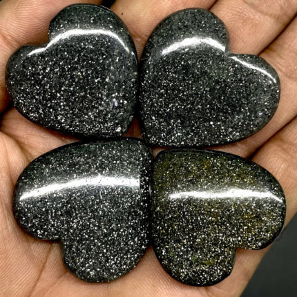 4 Pcs Natural Black Sunstone 32-36mm Sparkling Heart Loose Cabochon Gemstone Lot