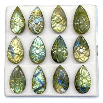 12 Pcs Natural Labradorite 25-26mm Pear Drilled Carved Flashy Loose Gemstone Lot
